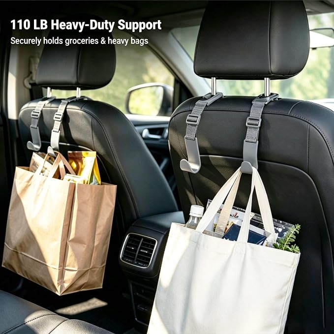 4 Pack Headrest Hooks for Car, Adjustable Purse Hook, 110 LBS Heavy Duty, Vehicle Seat Back Organizer for Purses, Bags, Handbags, Easy Install ﻿(Gray) - Image 6