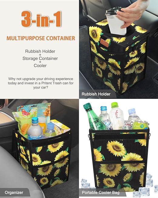 Pritent Car Trash Can with Lid Leakproof Car Garbage Bag Vehicle Trash Bin | Hanging Automotive Garbage Can,Multipurpose Car Accessories for Women Men Interior Car Storage Organizer(2.8 Gal,Sunflower) - Image 5
