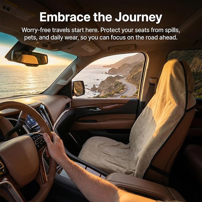Car Towel Seat Cover, Waterproof Non-Slip Automotive Towel Protective Cover, Sweat-Proof Machine Washable Removable Carseat Vehicle Front Seat Mat Protector, Universal Fit (Beige) - Image 5