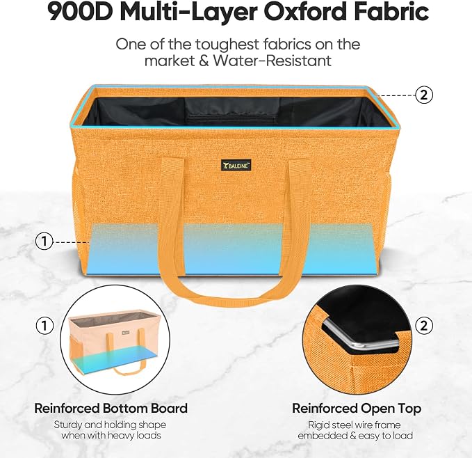 BALEINE Extra Large Utility Tote Bag with Reinforced Wire Frame, Reusable Grocery Bag for Shopping, Picnic (Yellow, 22''x12''x10'') - Image 3
