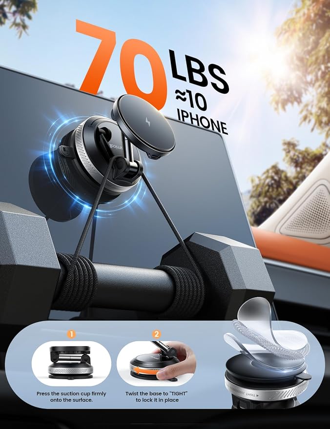 Lamicall 15W for MagSafe Car Mount Charger, 360° Wireless Car Phone Holder | Dual USB-C Ports Magnetic Phone Holder for Car, 70 LBS Vacuum Suction Phone Mount for iPhone 17 16 Pro Max Truck Jeep Silver - Image 6