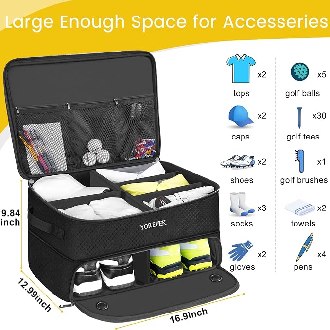 YOREPEK Golf Gifts for Men, 2 Layer Golf Trunk Organizer for 2 Pair Shoes | Waterproof Car Trunk Locker with Separate Ventilated Compartment for Balls, Tees, Clothes, Gloves, Birthday Gifts for Golfers - Image 6
