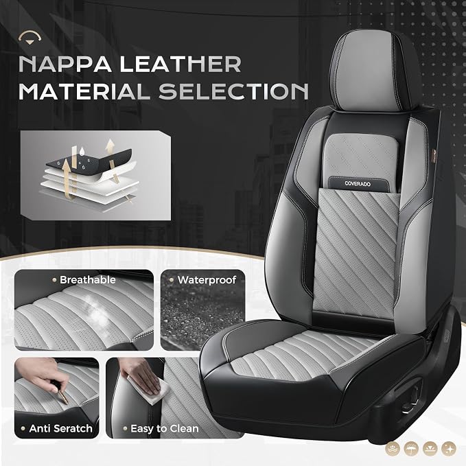 Coverado Car Seat Covers Full Set 5 pieces, Luxury Nappa Leather Seat Covers Universal Fit Waterproof Non-Slip Breathable Front & Back Automotive Seat Protectors for Cars, SUVs, Trucks - Image 3