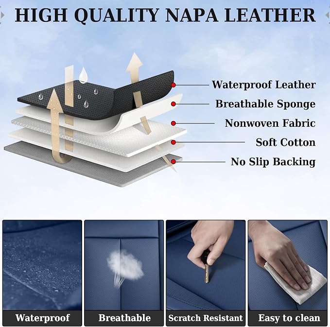 Coverado Rear Seat Covers for Cars, Back Seat Cover for Dogs, Faux Leather Car Seat Covers Backseat, Blue Car Seat Cushion, 3-Pieces Waterproof Universal Seat Covers for Cars Fit for Most Sedans SUV - Image 4