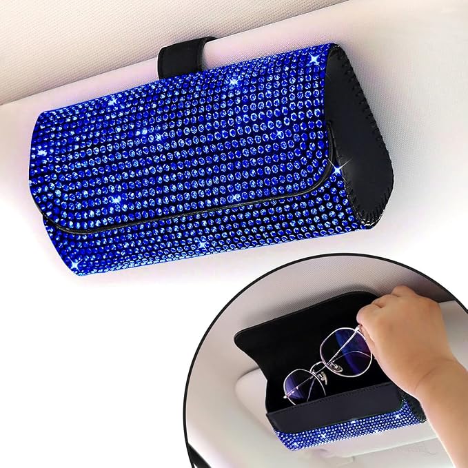 Osilly Bling Car Sunglass Holder for Sun Visor, Sparkling Crystal Leather Automotive Eyeglasses Mount Clip Organizer with Hidden Magnetic Closure for Men Women, Universal for SUV Truck Van（Blue） - Image 6