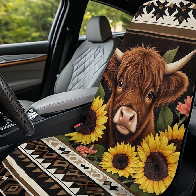 Aztec Highland Cow Car Seat Cover Highland Cow Sunflower Seat Towel Cover with Storage Bag Aztec Tribal Car Interior Accessories Sweat Auto Front Seat Towel Covers for Yoga Mat Universal Fit - Image 3