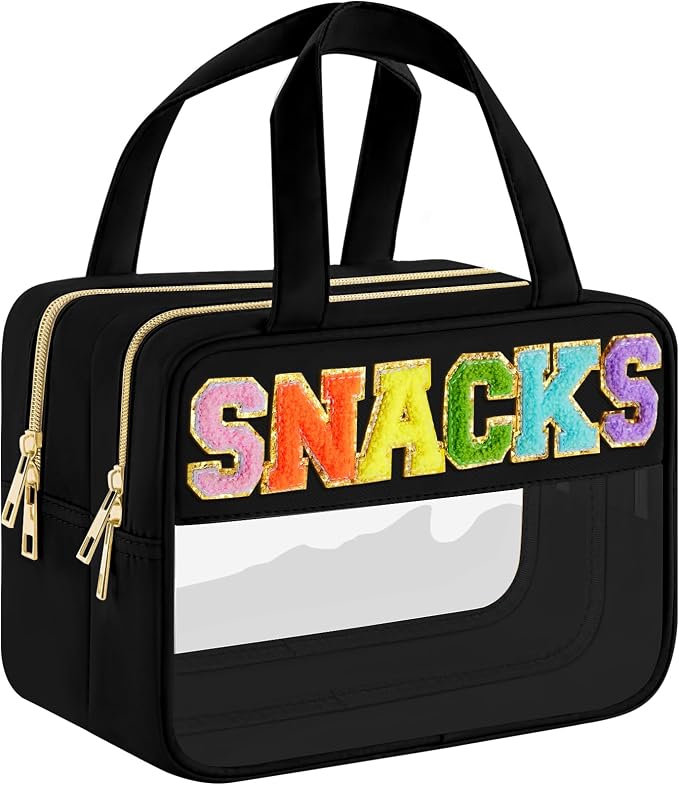 Clear Snack Bag, Zipper Travel Organizer Pouch Chenille Letter | Extra Large Capacity, Waterproof Easy Clean, 2 Separate Compartments, Ideal for Beach Gym Picnic, Office and Daily Carry by SIMBOOM