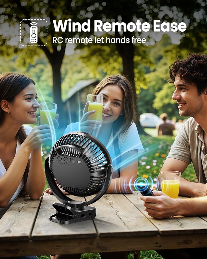 40000mAh Clip on Fan for Golf Cart, Up to 127Hrs Portable Rechargeable Fans | 8-inch Desk Fan with 3 Speeds, 9 LEDs, Remote, Timers, Hook, Battery Operated Fan for Office, Desk, Camping, Treadmill, Tent - Image 6
