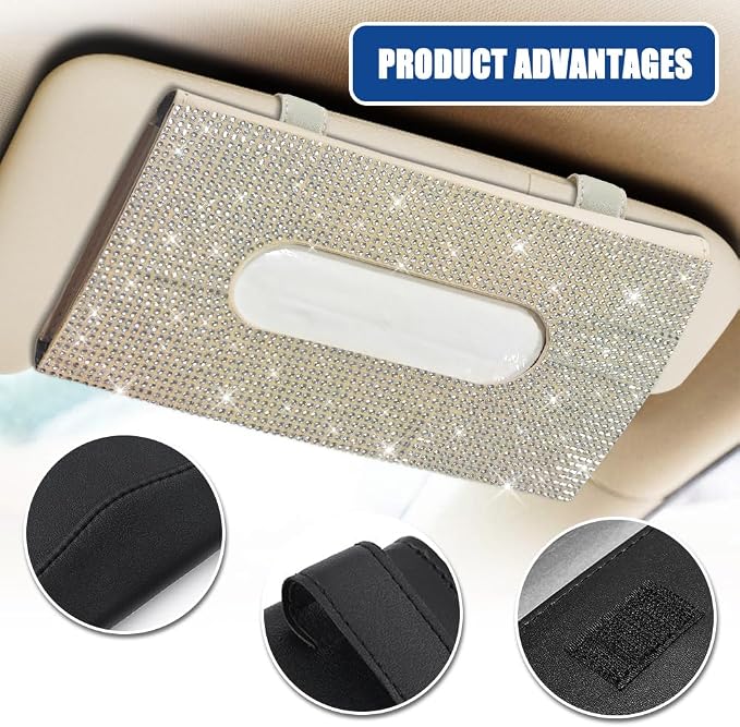 Bling Car Sun Visor Tissue Box Holder, Visor Accessories, Rhinestone PU Leather Crystal Sparkling Napkin Holder, Auto Sun Visor Paper Towel Cover Case Accessories for Most Cars (Beige+White) - Image 3
