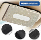 Bling Car Sun Visor Tissue Box Holder, Visor Accessories, Rhinestone PU Leather Crystal Sparkling Napkin Holder, Auto Sun Visor Paper Towel Cover Case Accessories for Most Cars (Beige+White) - Image 3