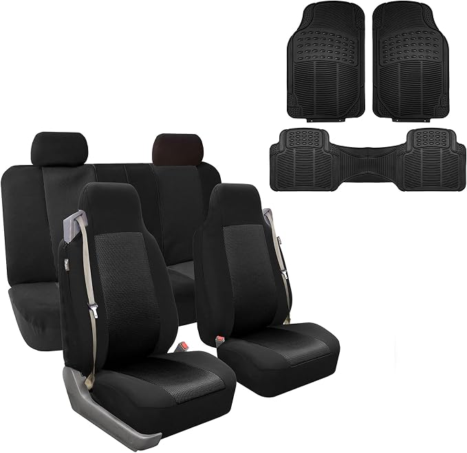 FH Group FH-FB302114 All Purpose Flat Cloth Car Seat Covers Solid Black Color with F11306 Vinyl Floor Mats- Fit Most Car, Truck, SUV, or Van by FHGroup