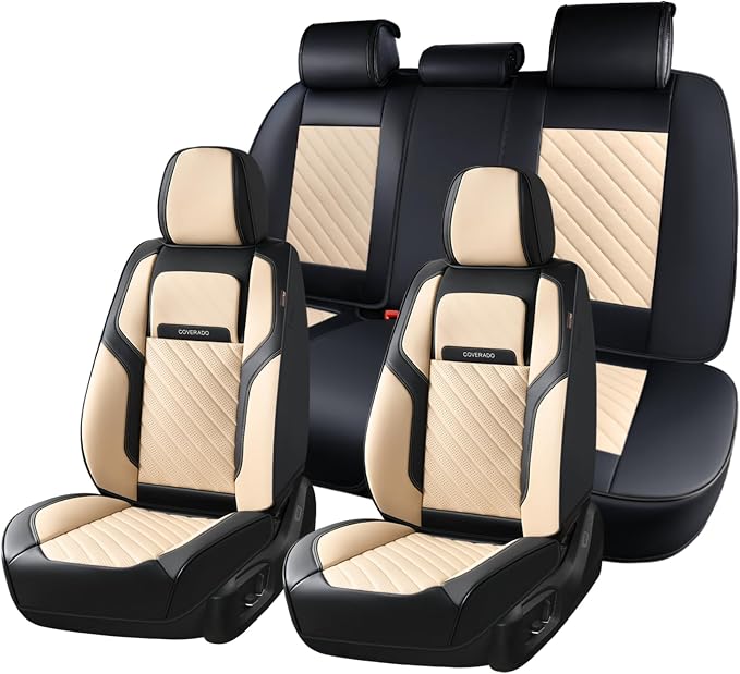 Coverado Car Seat Covers Full Set 5 Pieces, Luxury Nappa Leather Seat Covers Universal Fit Waterproof Non-Slip Breathable Front & Back Automotive Seat Protectors for Cars, SUVs, Trucks by COVERADOAUTO