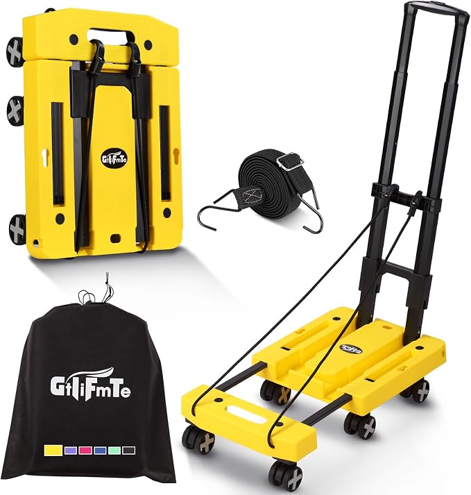 GtIiFmTe Foldable Hand Truck, Lightweight Luggage Cart for Airport Car Seat | Compact Folding dolly with Rotating swivel wheel,storage size12×15.7×4.1",300lbs Load,Upright Lock Handle with 3bungee cords by GtIiFmTe