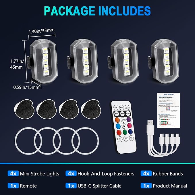 PIFOOG 4-Pack Wireless Strobe Lights for Car, Rechargeable LED Warning Lights with Remote Control, IP67 Waterproof, USB-C Fast Charging, 8 Colors, 3 Brightness Levels for Motorcycle, Bike & Scooter - Image 7