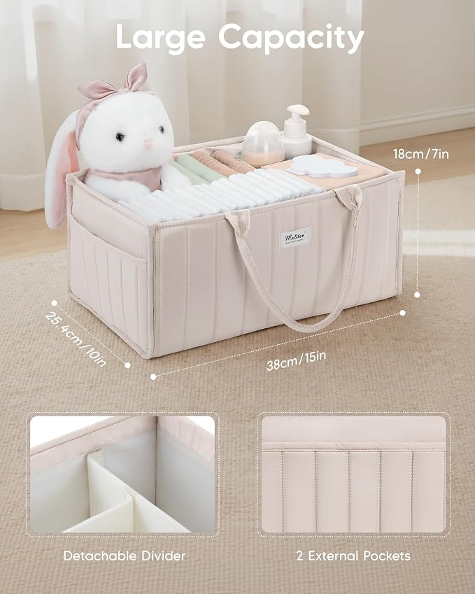 Maliton Baby Diaper Caddy Organizer with 2 Side Pockets, Portable, Beige | with Handle and Removable Dividers, Nursery Storage Basket, Car Organizer for Diapers & Wipes. Boy & Girl Shower Gift - Image 3