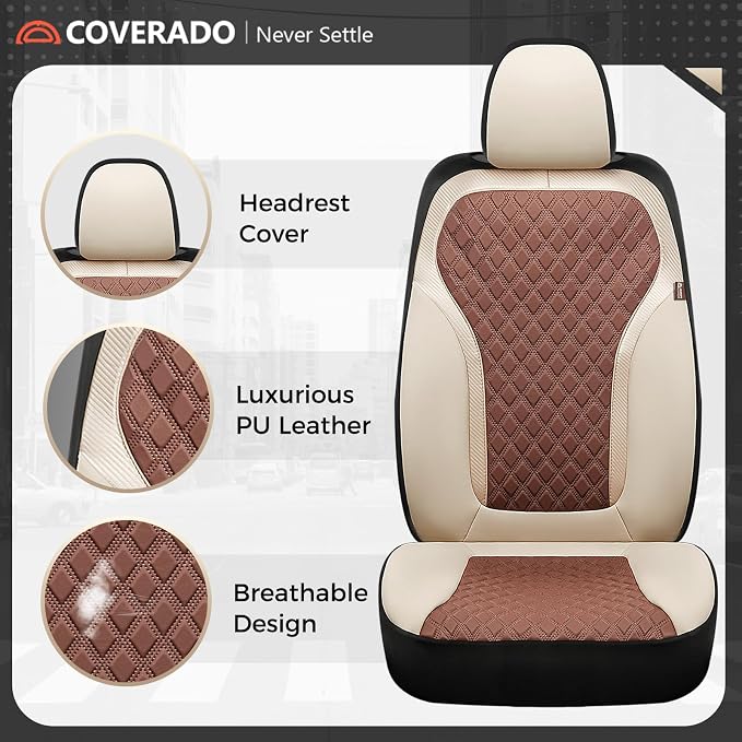 Coverado Car Seat Covers Full Set, Beige Brown Car Seat Covers, Luxury Diamond Leather Car Seat Cover with Carbon Fiber Weave, Spill-Proof Seat Cushions, Automotive Seat Cover Universal Fit Most Cars - Image 7
