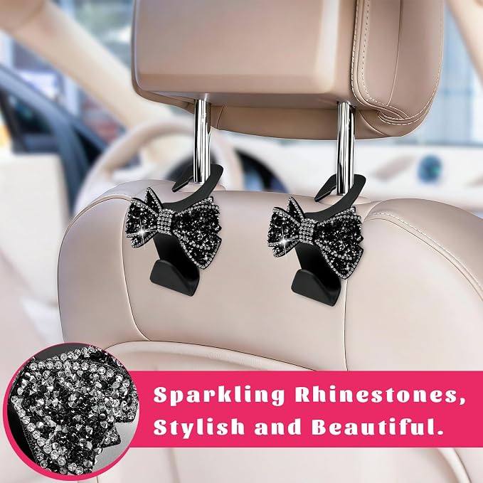2 PCS Bling Car Headreat Hook, Crystal Rhinestone Bow Hanger Multifunctional Rear Seats Storage Organizer, Vehicle Sparkling Diamond Seat Headrest Hooks for Handbag Purse Coat (Black) - Image 5