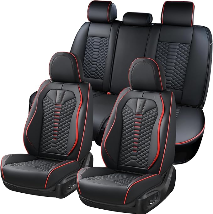 Coverado Seat Covers Full Set, Waterproof Nappa Leather Seat Covers for Cars, 5 Seats Universal Car Seat Protectors, Black Car Seat Covers Car Seat Cushions Fit for Most Cars (Black&Red) - Image 2
