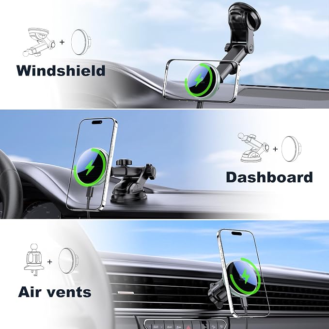 for Mag-Safe Car Mount Charger Dash Windshield Vent Magnetic Phone Holder | Wireless Car Charger with LED Light Car Phone Holder for iPhone 17 16 15 14 13 12 Series for MagSafe Green - Image 4