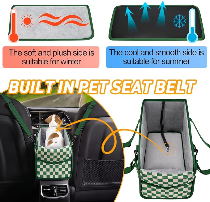 Console Dog Car Seat for Small Dogs, Foldable Booster Seat, Green Checkered | Portable Booster Seat Sits On Car Console/ Armrest. Foldable for Easy Storage. for Center Console, Easy To Clean. - Image 6