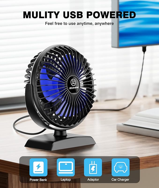 JZCreater USB Desk Fan, 360 Rotation Personal Cooling Fan with 3 Speeds, Quiet, Small, USB Powered for Home, Office, Bedroom, Car, Travel, Black - Image 5