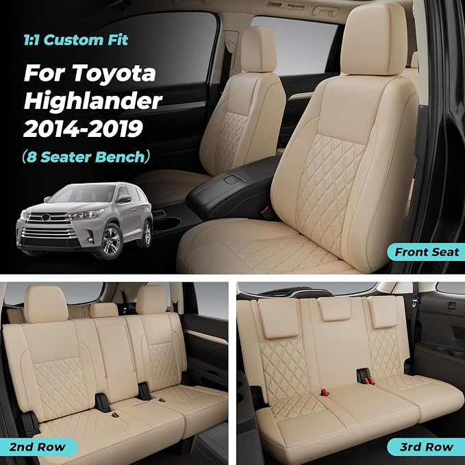 Custom Seat Covers for Toyota Highlander 2014-2019 8 Seats Beige | faux leather, 2nd row 40/60 split bench, waterproof, breathable, airbag compatible, stain resistant, easy install - Image 2
