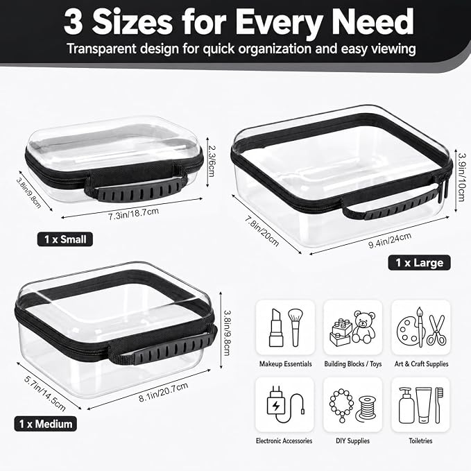 Clear Hard Shell Zipper Case 3PCS Set, 1.2mm PET Travel Organizer | Deep waterproof stackable storage pouches with handle. Heavy duty clear zipper bags for travel, makeup, toys and snacks - Image 2