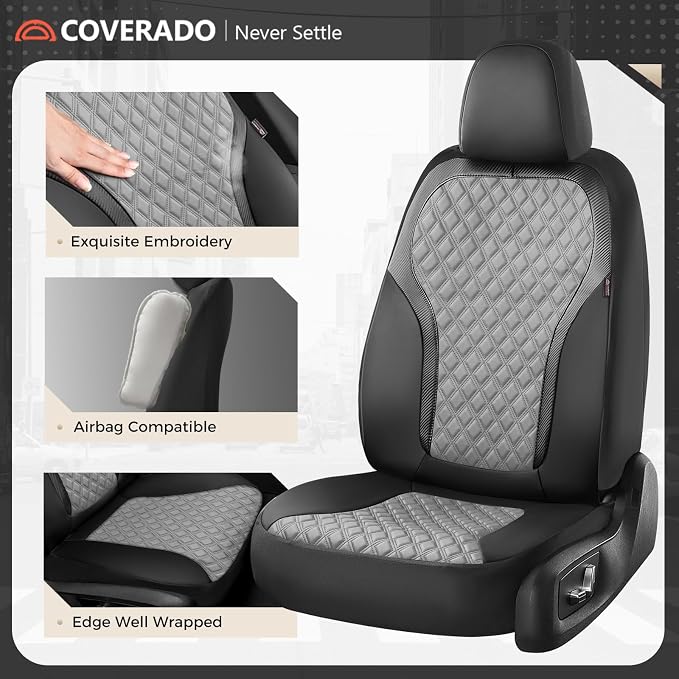 Coverado Car Seat Covers 5 Seats, Leather Seat Covers Full Set, Carbon Fiber Textured Design, Durable Waterproof Seat Protectors, Black&Gray Seat Cover, Automotive Seat Covers Universal Fit Most Cars - Image 2