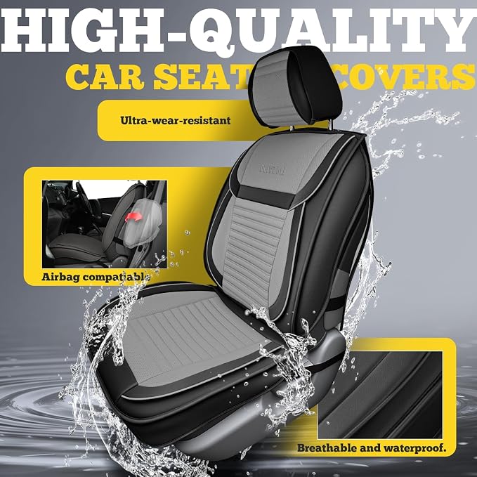 Front Car Seat Covers, Faux Nappa Leather for Sedan SUV, 2 Seats | Waterproof, Breathable and Airbag Compatible, Helps Reduce Slipping, Gray+Black - Image 6