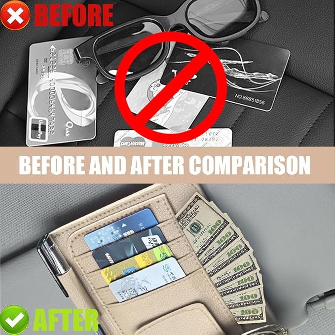 Augeny 2 PCS Car Sun Visor Organizer, Small Auto Visor Organizer and Storage, Registration and Document Holder for Sunglasses, Card, Pen, Driver License, Car Accessories (Beige) - Image 5