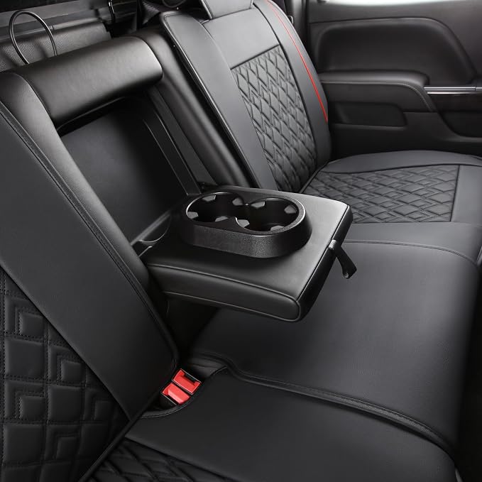 JOJOBAY Chevy Silverado Seat Covers,Leather Seat Covers for GMC Sierra,Custom Fit 2007-2026 1500 2500HD 3500HD Crew Double Extended Regular Cab,LT LZT RST Trail Boss(Full Set,Black Red) - Image 7