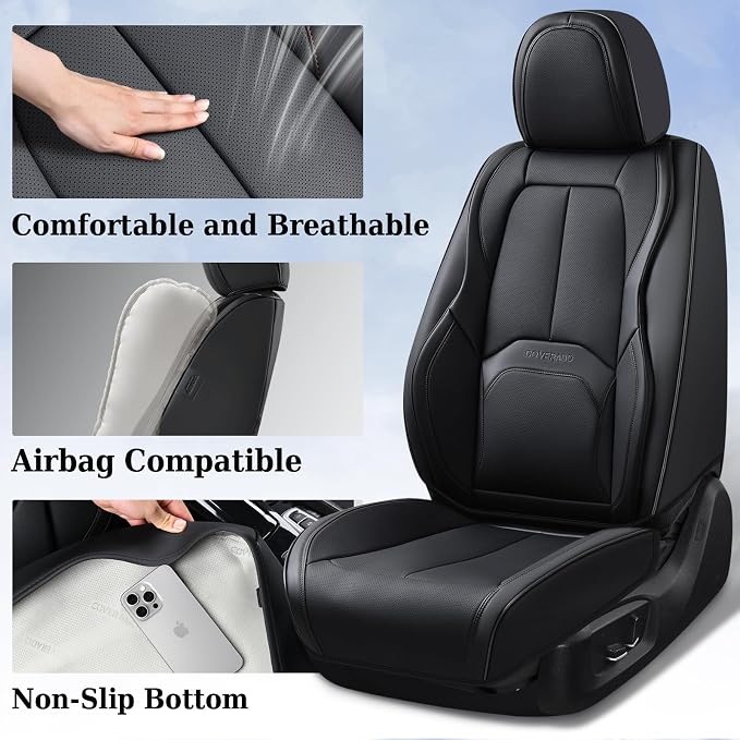 Coverado Automotive Seat Covers, Leather Seat Covers Front Seat, Luxury Car Seat Covers with Lumbar Support, Front Driver Seat Covers, Car Seat Protector Waterproof Universal Fit Most Cars(Black) - Image 3