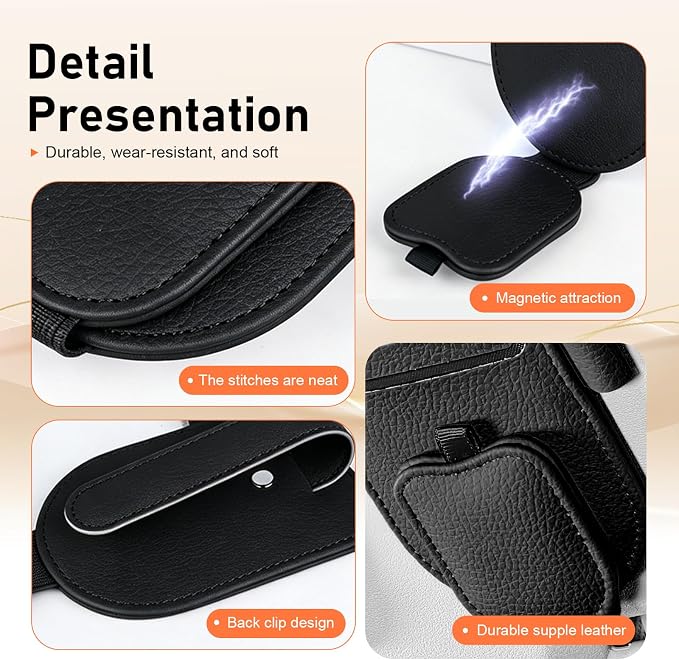 Sunglass Holder for Car, Leather Clip Sun Visor Sunglass Holder, Multi-functional Ticket Card Clip Organizer, Universal Visor Accessories, for Most Cars (Black) - Image 5
