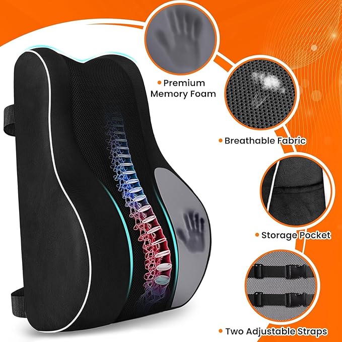 CloudBliss Lumbar Support Pillow, Memory Foam for Office, Standard, Black | Ergonomic High-Density Memory Foam, Adjustable Straps, Washable Mesh Cover, Lower Back Support for Office, Gaming & Car Seat - Image 4