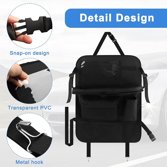 Backseat Car Organizer with Upgraded Foldable Tray Table, Oxford Cloth Car Seat Back Storage Organizer, Tablet Tray and Seat Protector Kick Mat, Includes 2 Hooks - Image 3