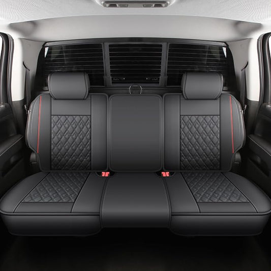 Chevy Silverado Seat Covers,Leather Seat Covers for GMC Sierra,Custom Fit 2007-2026 1500 2500HD 3500HD Crew Double Extended Regular Cab,LT LZT RST(Rear Seat Covers,Black Red) by JOJOBAY