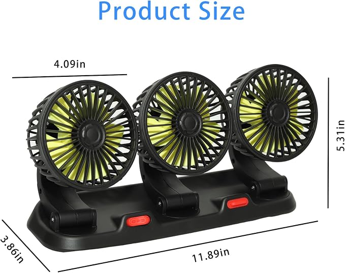 Portable 3-Head Car Cooling Fan 12V-360°Rotation,2 Speeds,Dashboard Fans for Sedan/SUV/RV/Truck/Van Vehicles,Cigarette Lighter Plug (3-Head 12V) - Image 2