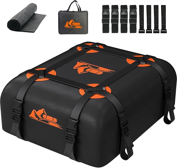 Car Rooftop Cargo Carrier Bag 15-20 Cubic Feet, 100% Waterproof Heavy Duty Car Roof Bag for All Vehicle with/Without Racks - Anti-Slip Mat, 4 Door Hooks, Storage Bags (Orange, 15Cu.Ft) by Unknown