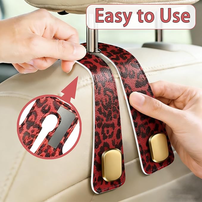 Car Hooks for Headrest: 2Pack Car Seat Back Storage Headrest Hook - Premium Leather Double Metal Hook - Purse Hook For Car Headrest - Car Headrest Hooks for Purses, Handbags, Bags -Red Leopard - Image 5