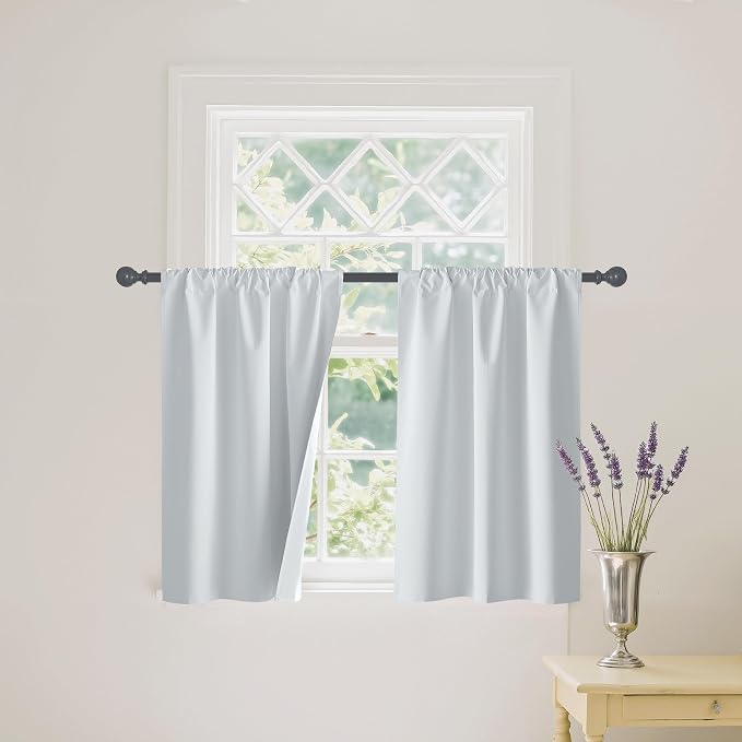 RYB HOME Short White 100% Blackout Curtains for Small Window | Thermal Insulated, Heat & UV Blocking, Total Room Darkening, Privacy, Drapes for Cafe, W29 x L24, 2 Panels by RYBHOME