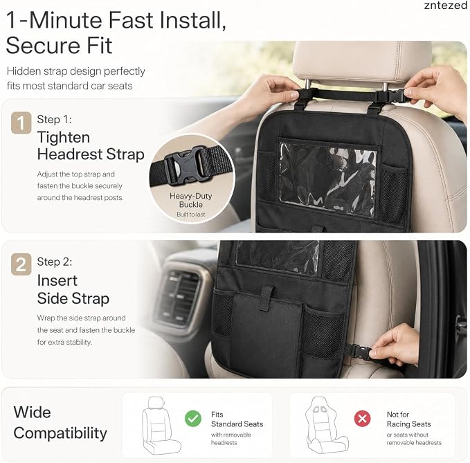 Car Backseat Organizer with 12 Storage Pockets, 12" Touch Screen Tablet Holder, Waterproof Kick Mats Seat Protector, Car Organizers and Storage for Kids, Road Trip Essentials（2 Pack，Black） - Image 8