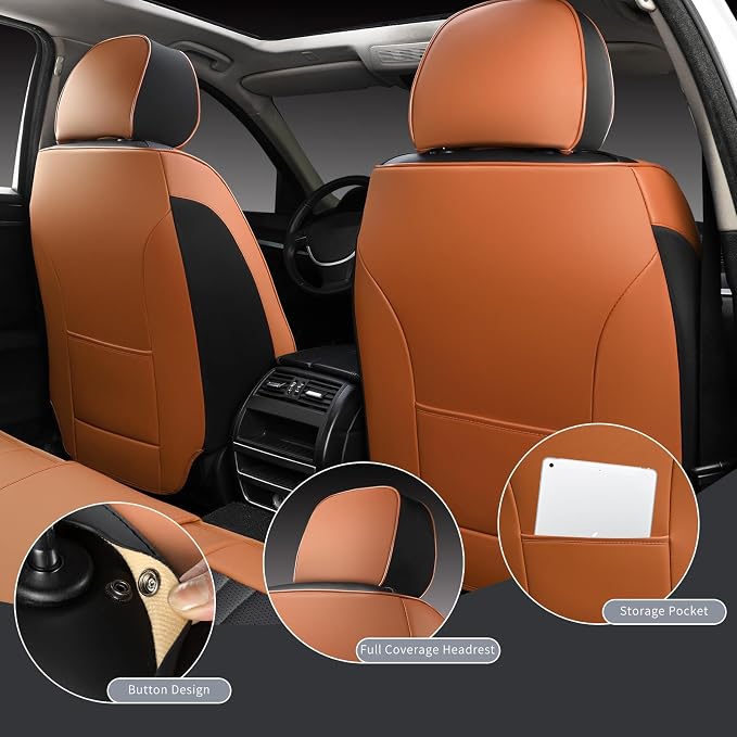MINGBRON Car Seat Covers Front Seats, Car Seat Protector Waterproof, Car Seat Cushion Nappa Leather, Driver Seat Cover Brown Carseat Cover Universal Fit for Most Cars Brown&Black - Image 3