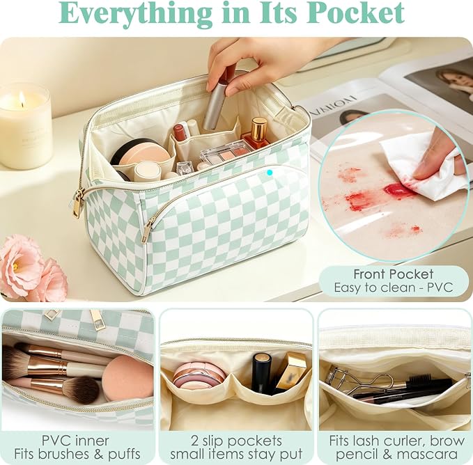 Fammart Travel Makeup Bag for Women, Waterproof Checkered Cosmetic Cosmetic Bag Make Up Organizer Case, Large Wide-open Toiletry Bag for Skincare, Brushes, Bathroom & Travel Essentials - Image 5