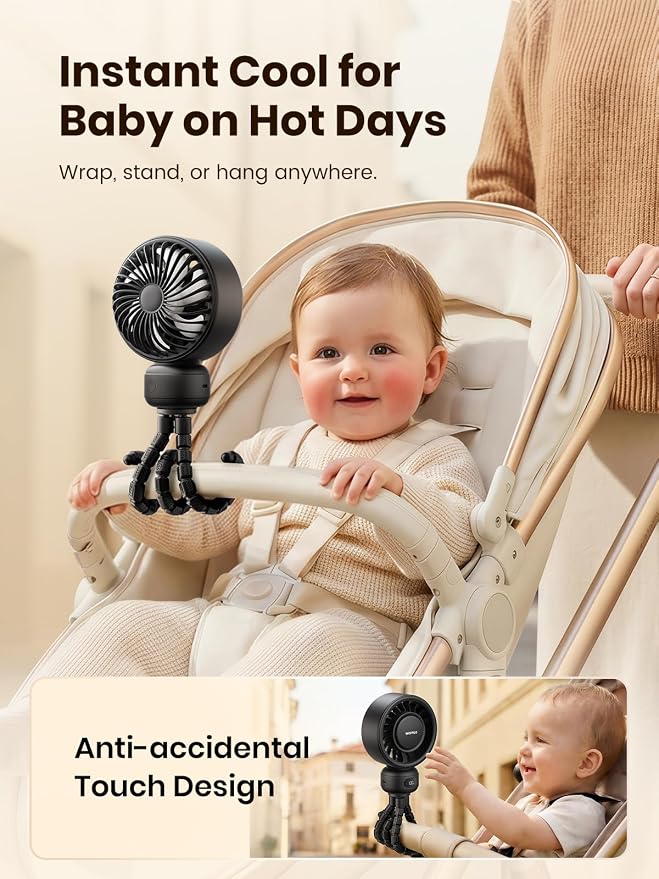 Warmco Portable Stroller Fan, 4000mAh Rechargeable Clip On Fan | Flexible Tripod, Up to 15H, 4 Speeds, LED Display, Detachable Grille, Quiet Operation, for Car Seat, Crib - Image 2