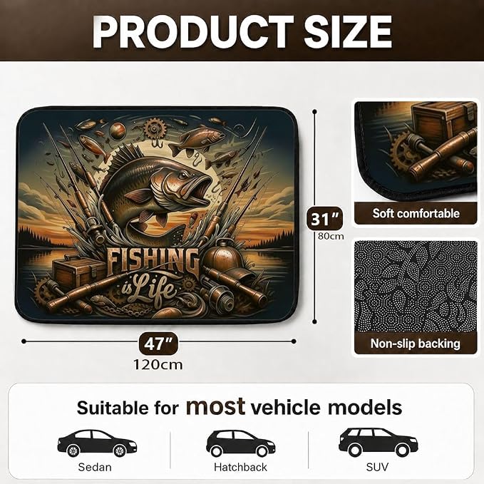 Car Trunk Mat for SUV, 31"x47" Vintage Fishing Life Cargo Liner Protector | All Weather Universal Cargo Liners for Dogs, Car Accessory for SUVs/Sedan/Wagons, Durable Non-Slip Washable Rear Cargo Mat - Image 2
