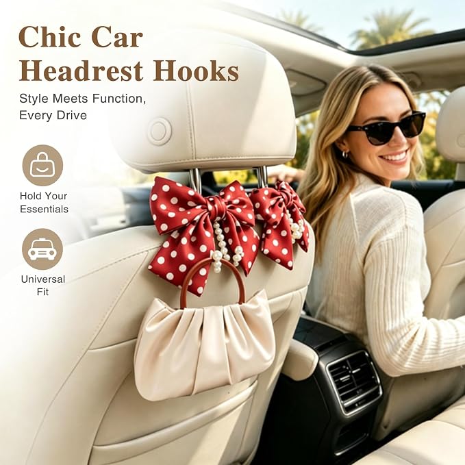 2 Pack Pearl Car Seat Headrest Hook with Bow & Sequin/Leopard/Polka Dot Design – Cute Purse Hanger for Vehicle,Grocery Bags, Umbrellas, Seat Back Organizer for Women (Red Polka Dot) - Image 4
