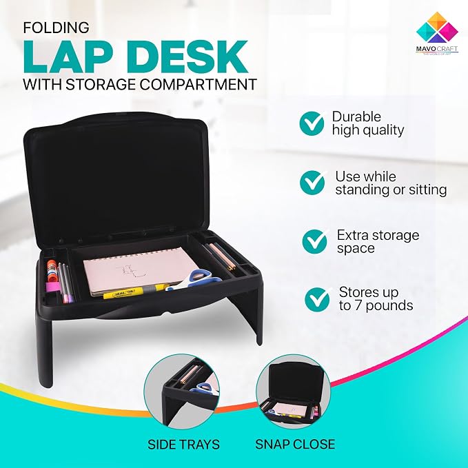 MAVOCRAFT Foldable Kids Lap Tray with Storage - Portable Lap Desk Kids & Adults - Kids Lap Desk for Breakfast in Bed, Serving Tray, Car Desk & Gaming (Black) - Image 2