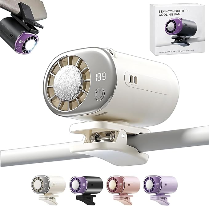 Clip On Air Conditioner Fan, 199 Speeds & 16°C Cooling (White) | Premium ABS for Car/Office/Bed/Beach, 20dB Ultra-Quiet, 2000mAh Battery, 360° Rotation, USB-C, LED Display, Secure Clip by CBDYWVR