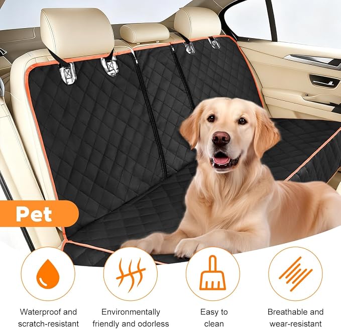 Oxford Dog Back Seat Cover with Side Flaps, Orange Border | water-resistant surface, non-slip backing, headrest straps, belt openings, fits most rear seats, interior accessories - Image 5