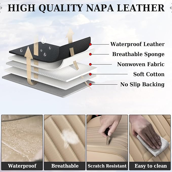 Coverado Beige Nappa Leather Car Seat Covers, Universal Fit Front Seats, 2-Pack Waterproof Seat Covers, Perforated Faux Leather, Compatible with Most Cars Trucks - Image 9